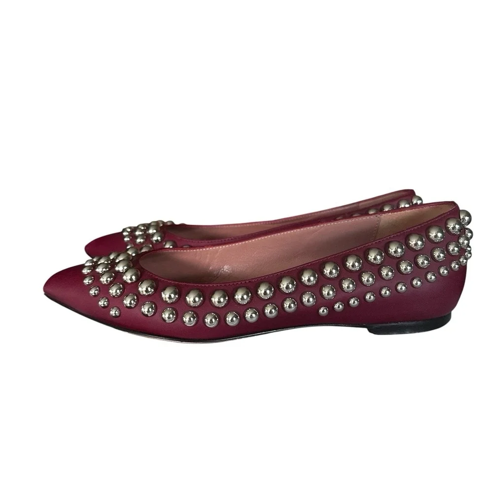 Red By Valentino Silver Studded Maroon flat Leather‎ Pointed Toe Shoe Size 7